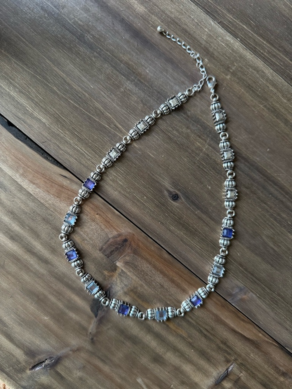 Silver Tone Necklace with Blue & Purple Stones – Classic Elegant Jewelry